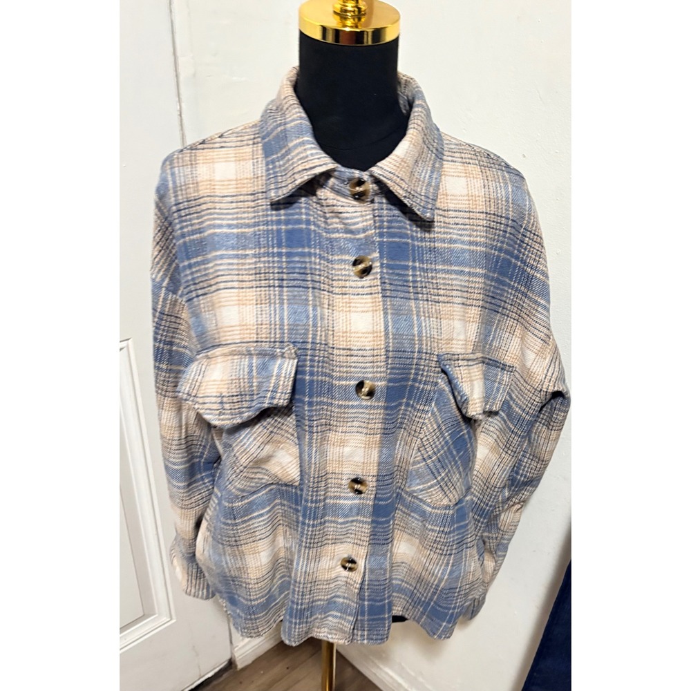Active USA Blue Tan Plaid Wool Blend Shacket Button Front Jacket Large J12525